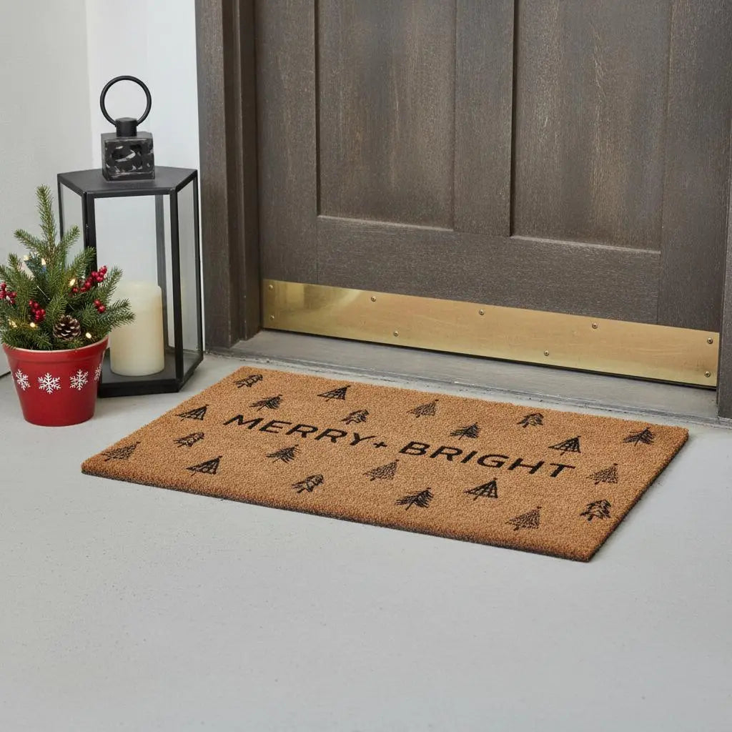 17" X 29" Brown And Natural Christmas Trees Merry and Bright Outdoor Coir Door Mat Homeroots Home Decor