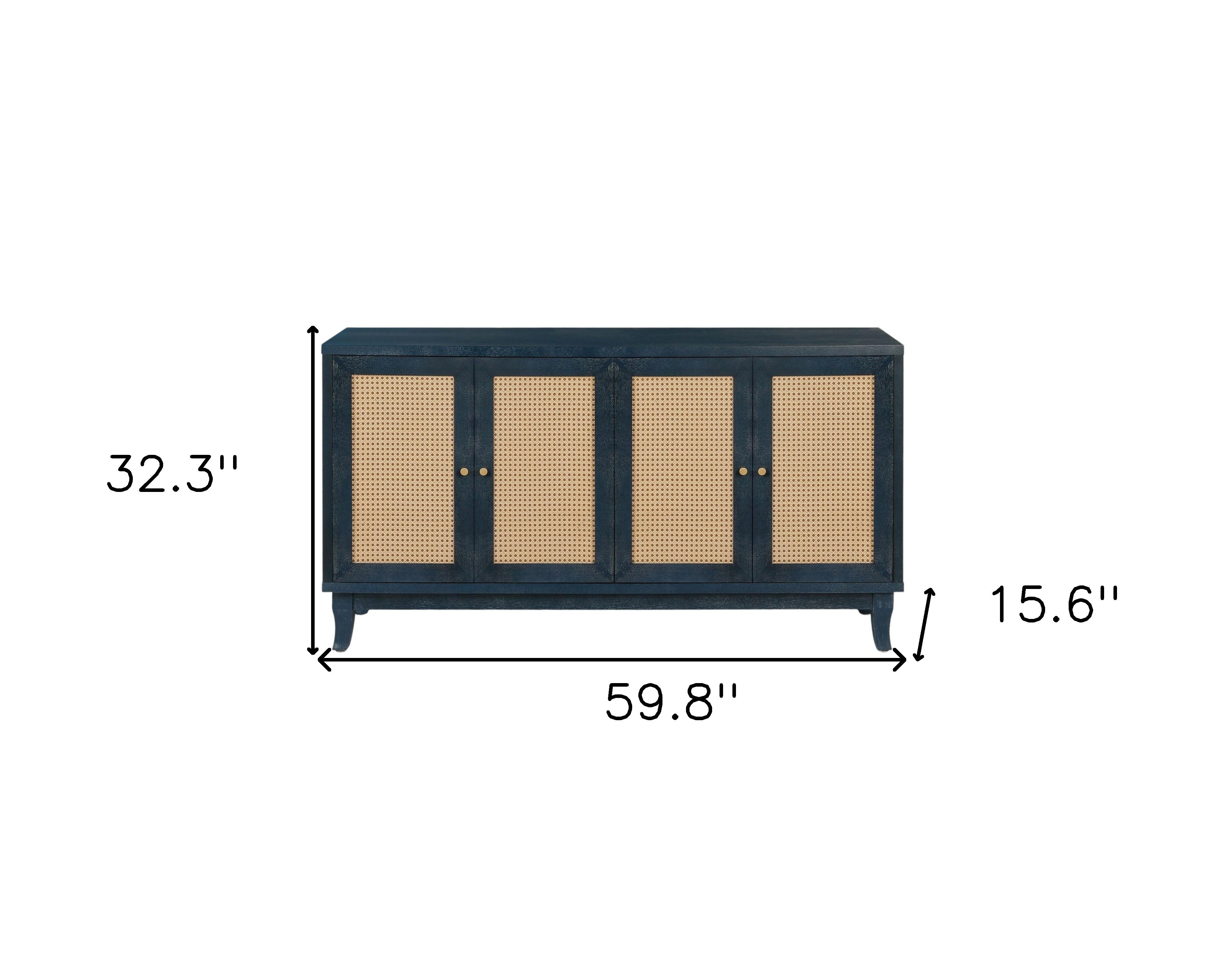 60" Blue Wood And Rattan Distressed Sideboard with Four Doors - Kitchen & Dining