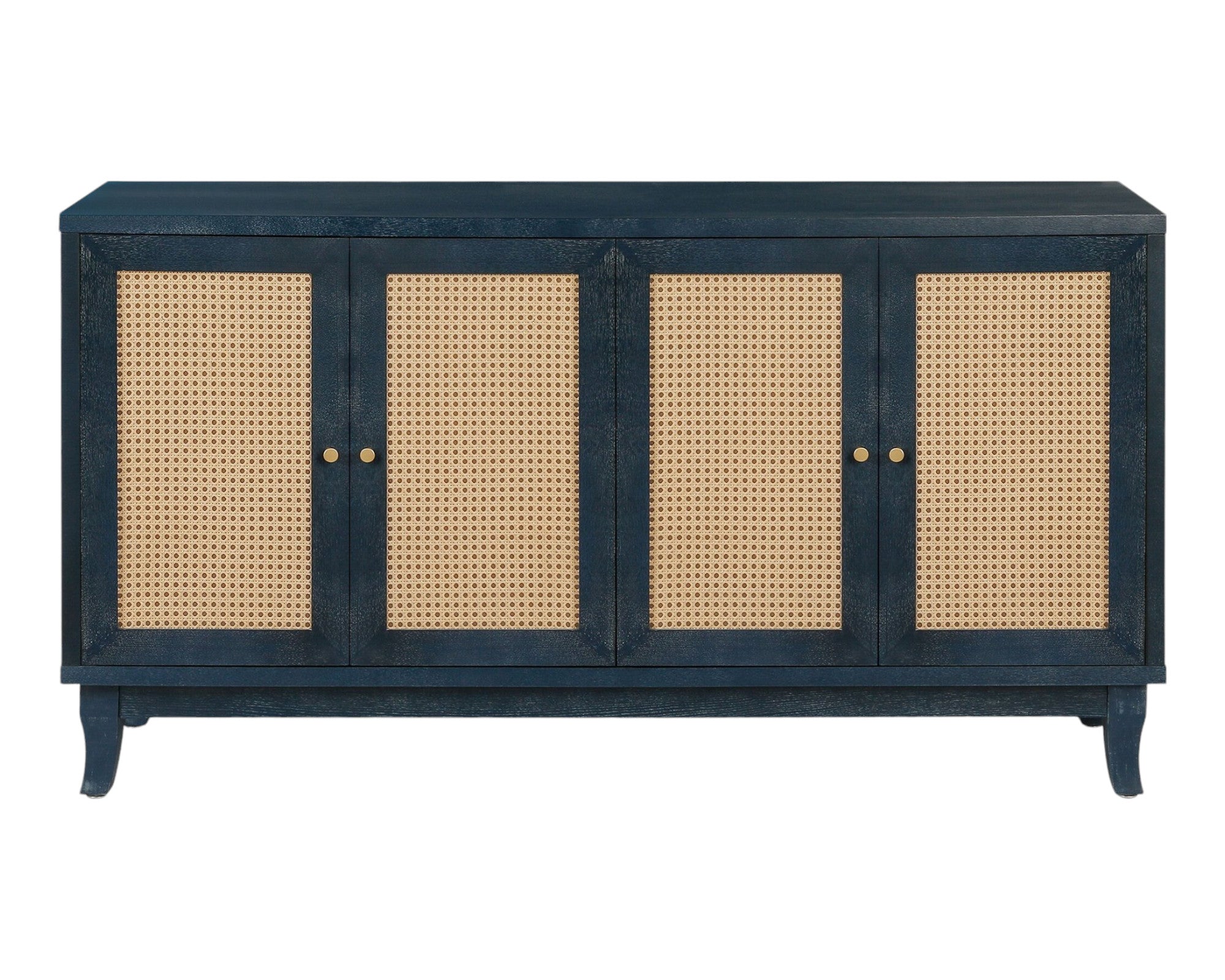 60" Blue Wood And Rattan Distressed Sideboard with Four Doors - Kitchen & Dining