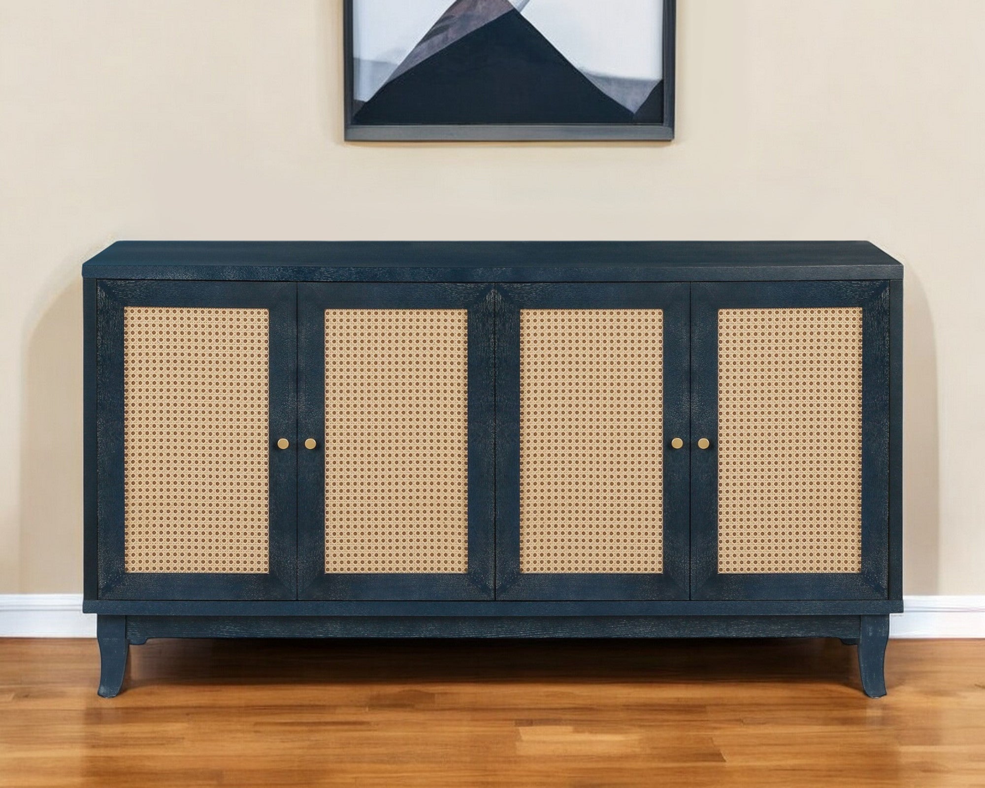 60" Blue Wood And Rattan Distressed Sideboard with Four Doors - Kitchen & Dining