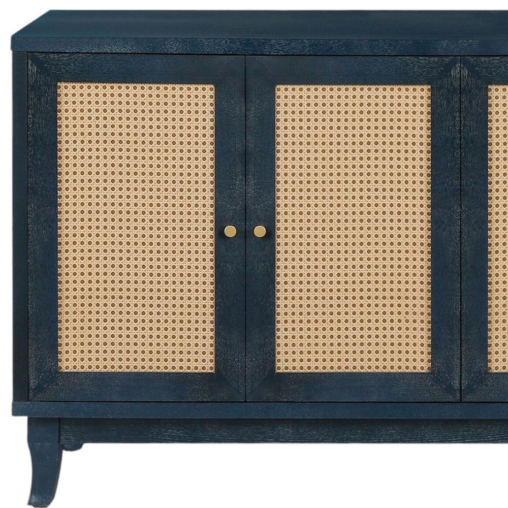 60" Blue Wood And Rattan Distressed Sideboard with Four Doors - Kitchen & Dining