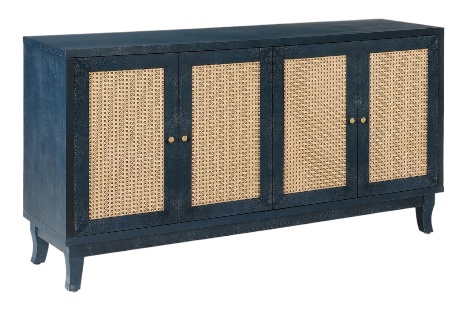 60" Blue Wood And Rattan Distressed Sideboard with Four Doors - Kitchen & Dining