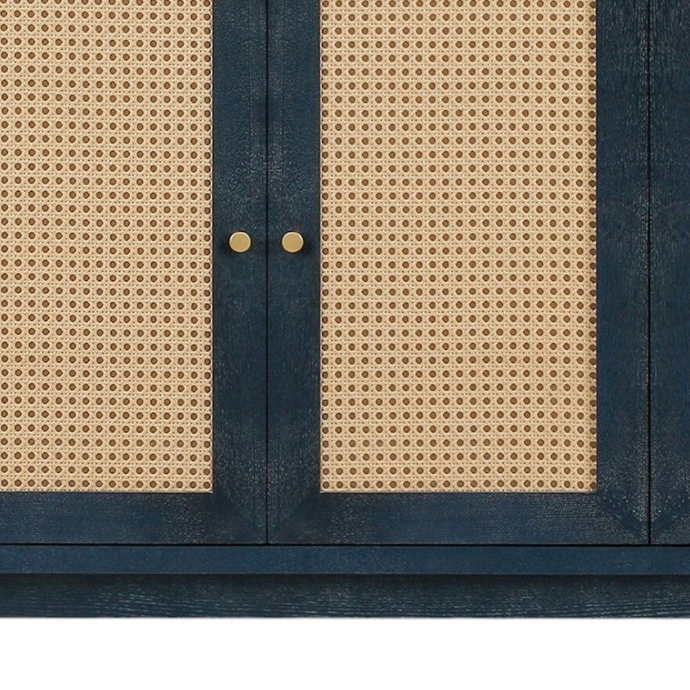 60" Blue Wood And Rattan Distressed Sideboard with Four Doors - Kitchen & Dining