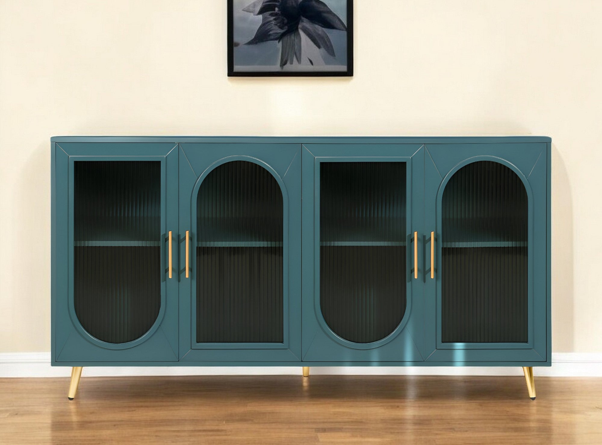 60" Teal Blue Ribbed Texture Sideboard with Four Doors - Kitchen & Dining