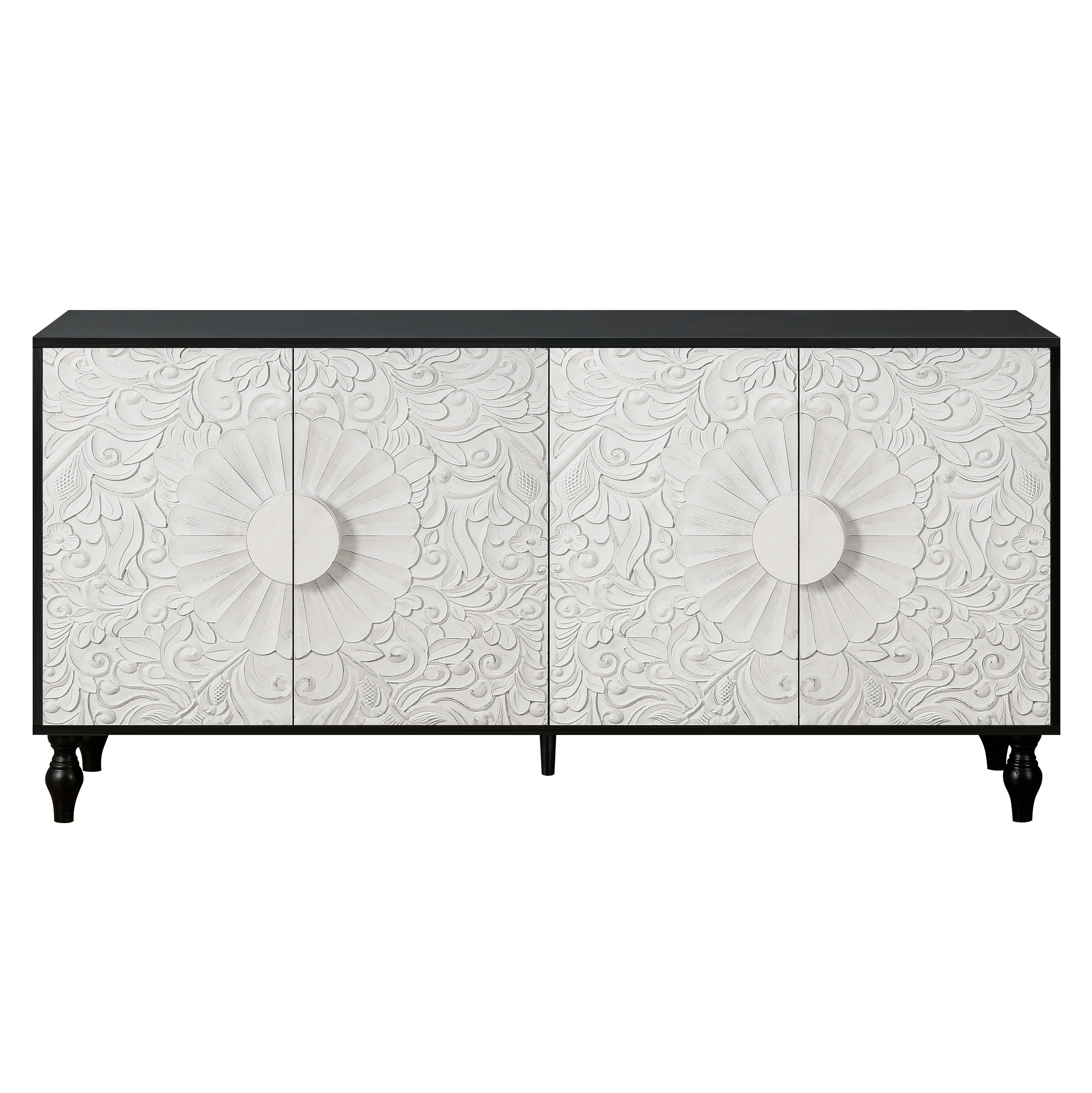 68" Black and White Distressed Carved Floral Sideboard with Four Doors - Kitchen & Dining