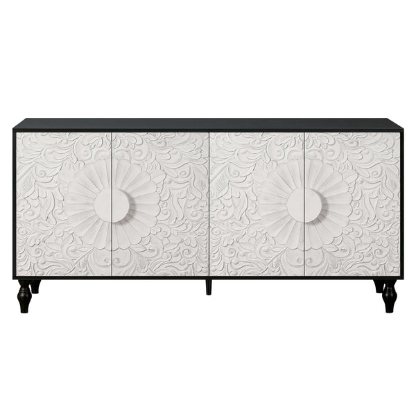 68" Black and White Distressed Carved Floral Sideboard with Four Doors - Kitchen & Dining