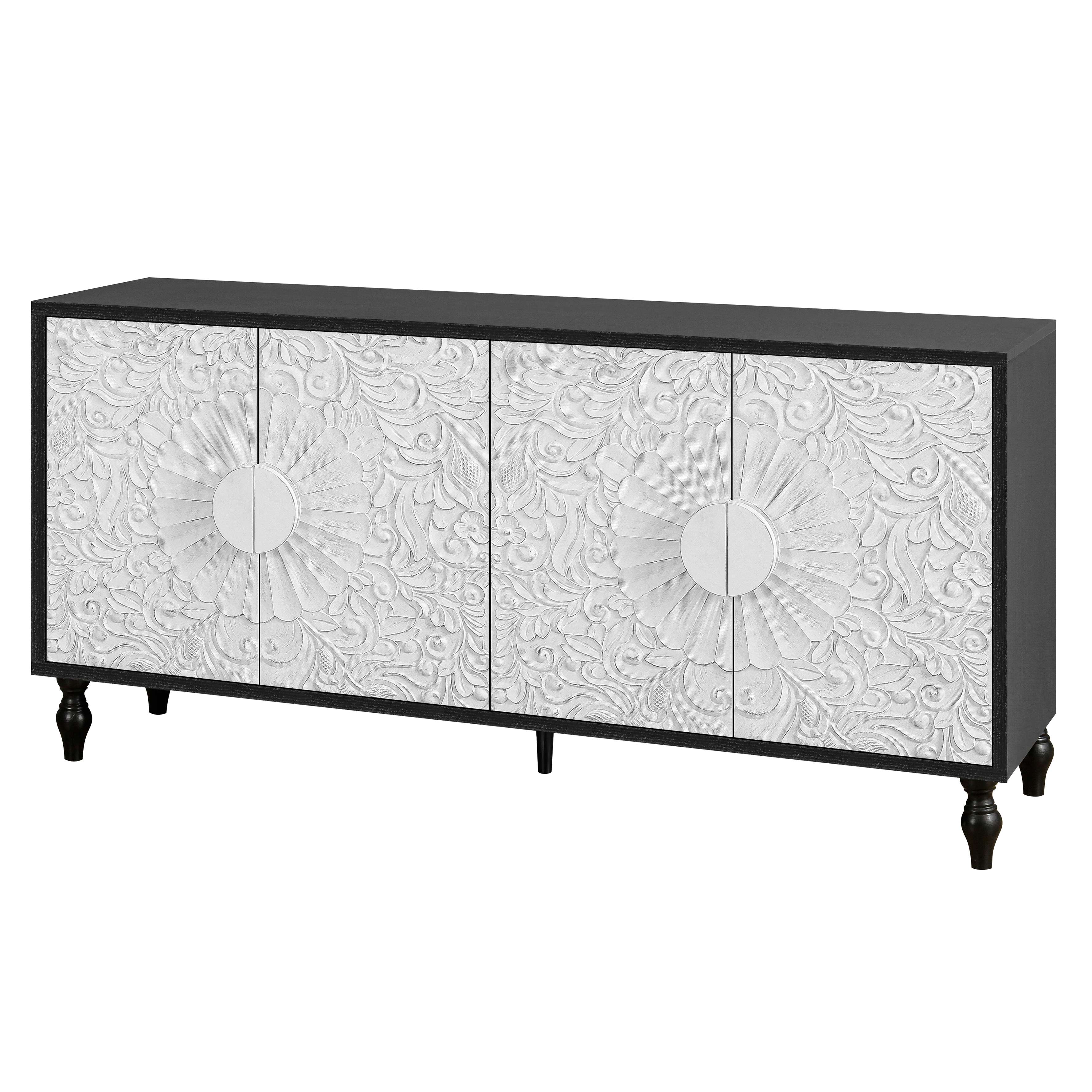 68" Black and White Distressed Carved Floral Sideboard with Four Doors - Kitchen & Dining