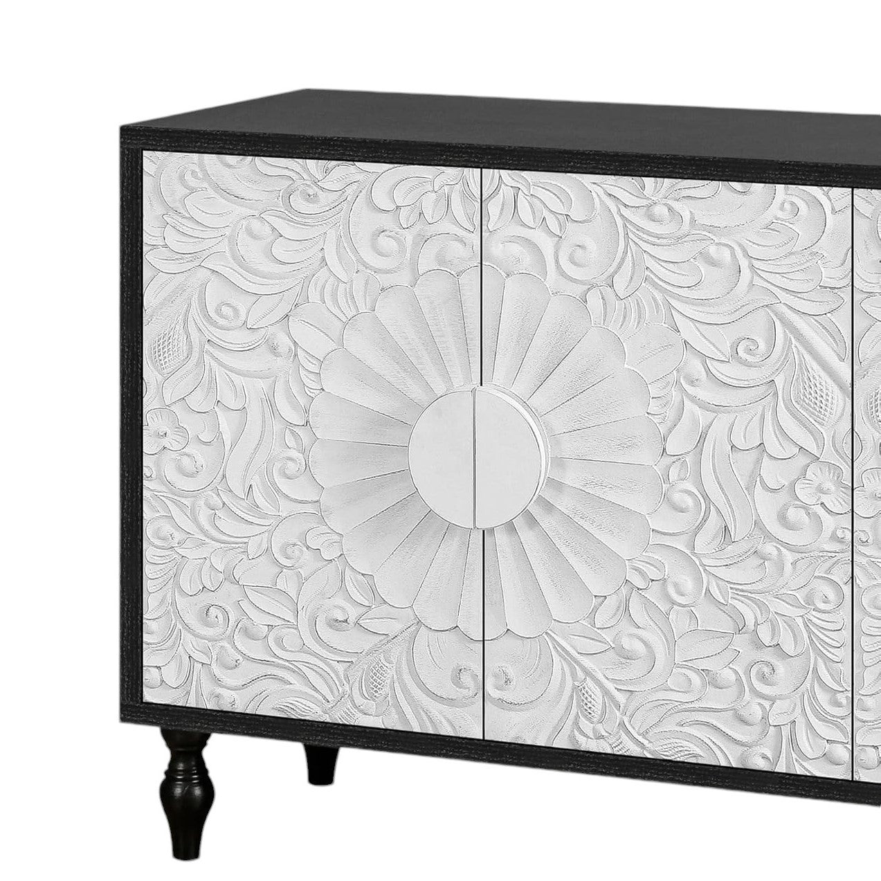 68" Black and White Distressed Carved Floral Sideboard with Four Doors - Kitchen & Dining