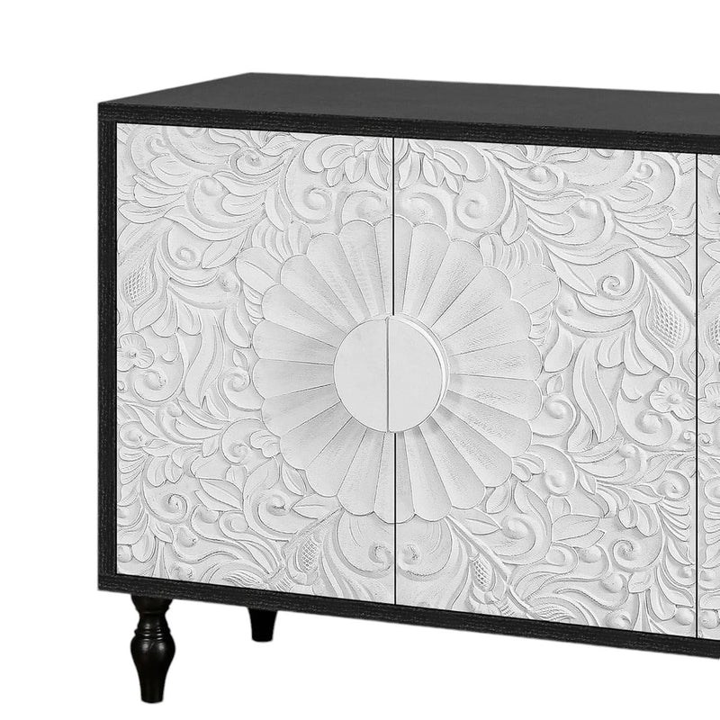 68" Black and White Distressed Carved Floral Sideboard with Four Doors - Kitchen & Dining