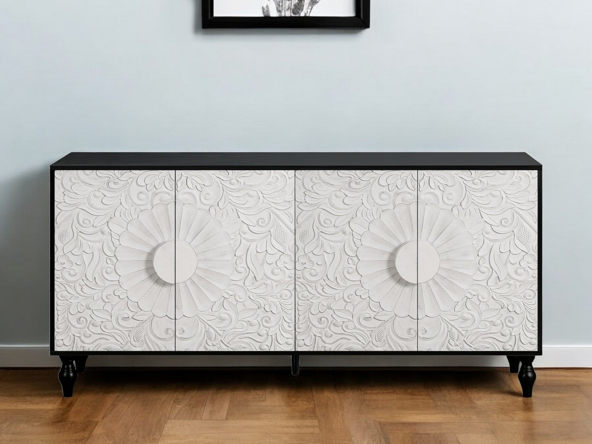 68" Black and White Distressed Carved Floral Sideboard with Four Doors - Kitchen & Dining
