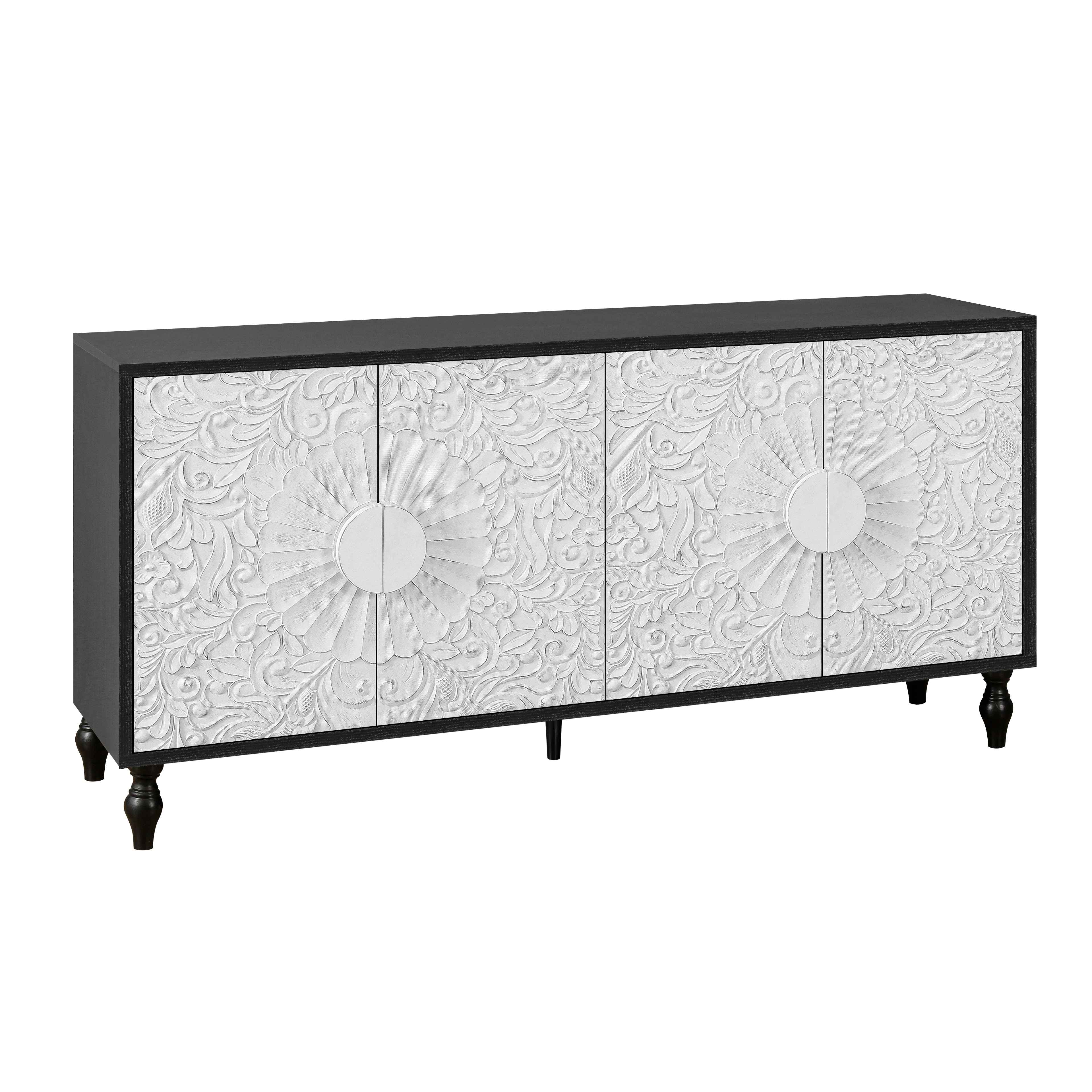 68" Black and White Distressed Carved Floral Sideboard with Four Doors - Kitchen & Dining