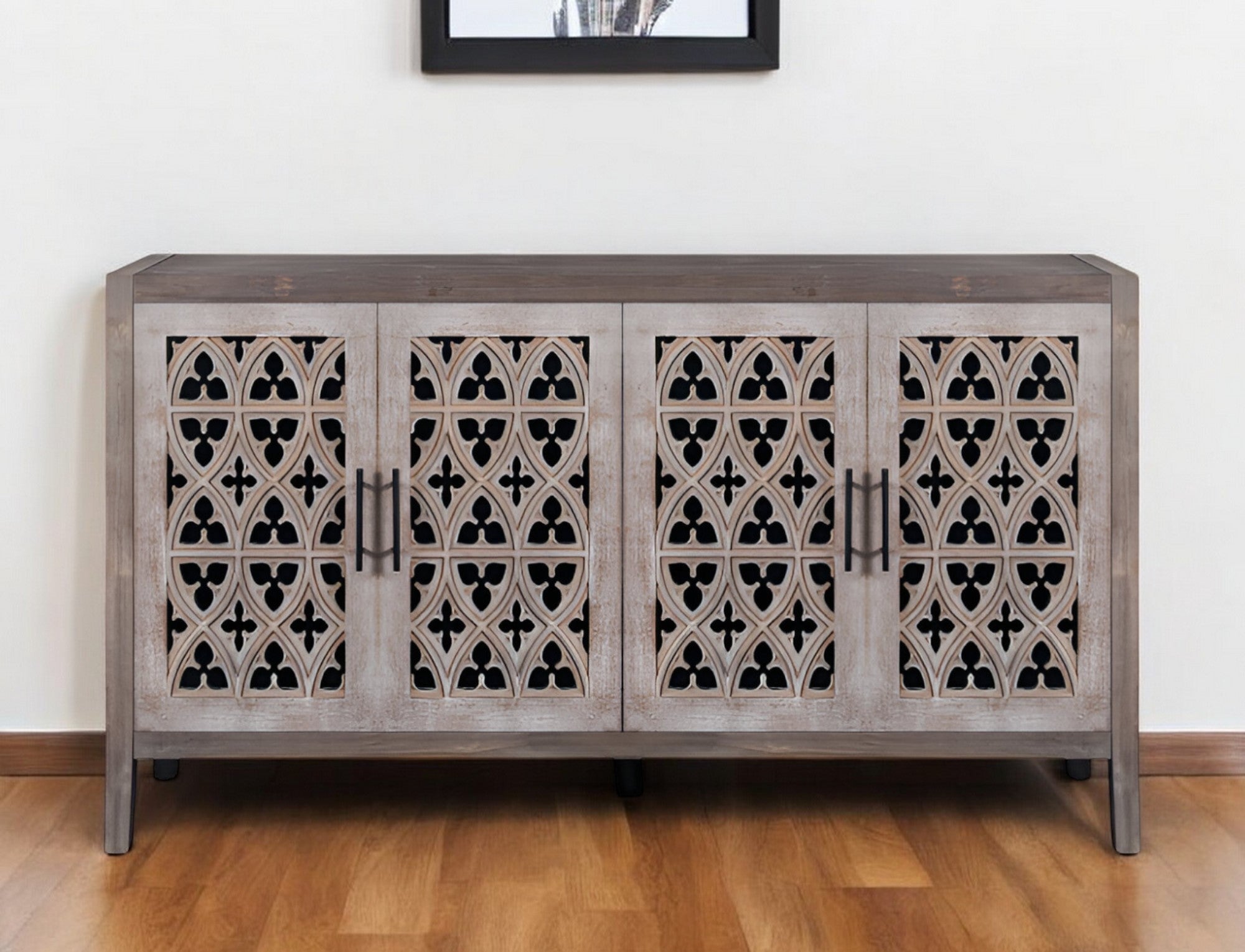 63" Brown Distressed Carved Scrollwork Sideboard with Four Doors - Kitchen & Dining