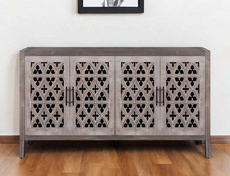 63" Brown Distressed Carved Scrollwork Sideboard with Four Doors - Kitchen & Dining
