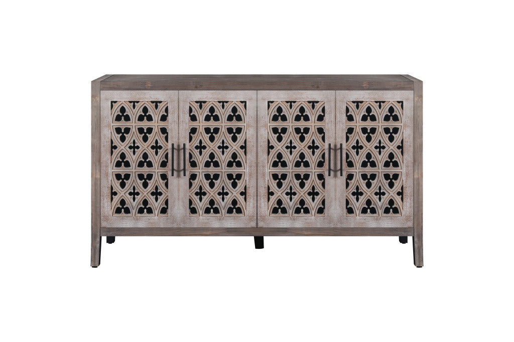 63" Brown Distressed Carved Scrollwork Sideboard with Four Doors - Kitchen & Dining