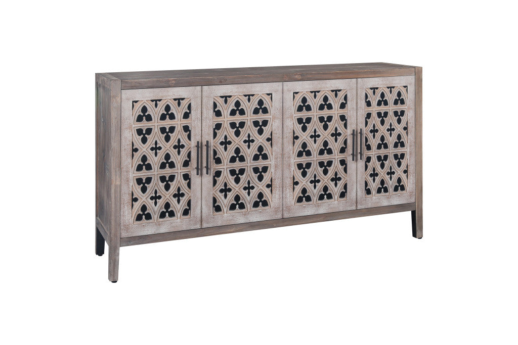 63" Brown Distressed Carved Scrollwork Sideboard with Four Doors - Kitchen & Dining