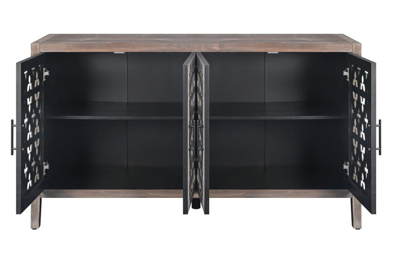 63" Brown Distressed Carved Scrollwork Sideboard with Four Doors - Kitchen & Dining