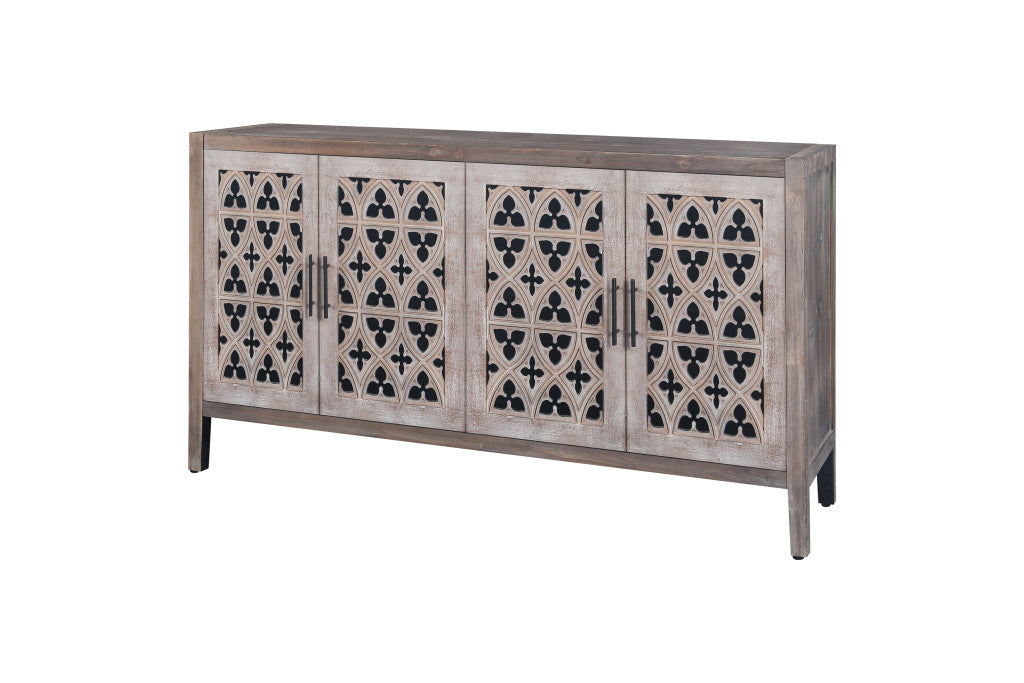 63" Brown Distressed Carved Scrollwork Sideboard with Four Doors - Kitchen & Dining