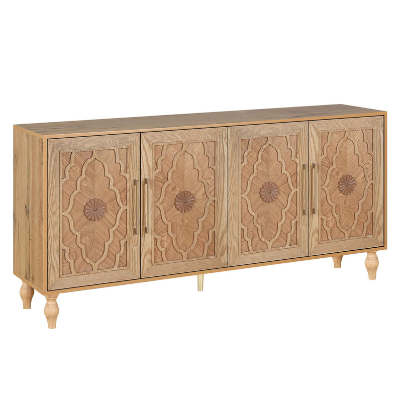 68" Natural Distressed Carved Geometric Sideboard with Four Doors - Kitchen & Dining