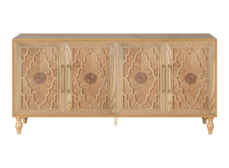 68" Natural Distressed Carved Geometric Sideboard with Four Doors - Kitchen & Dining