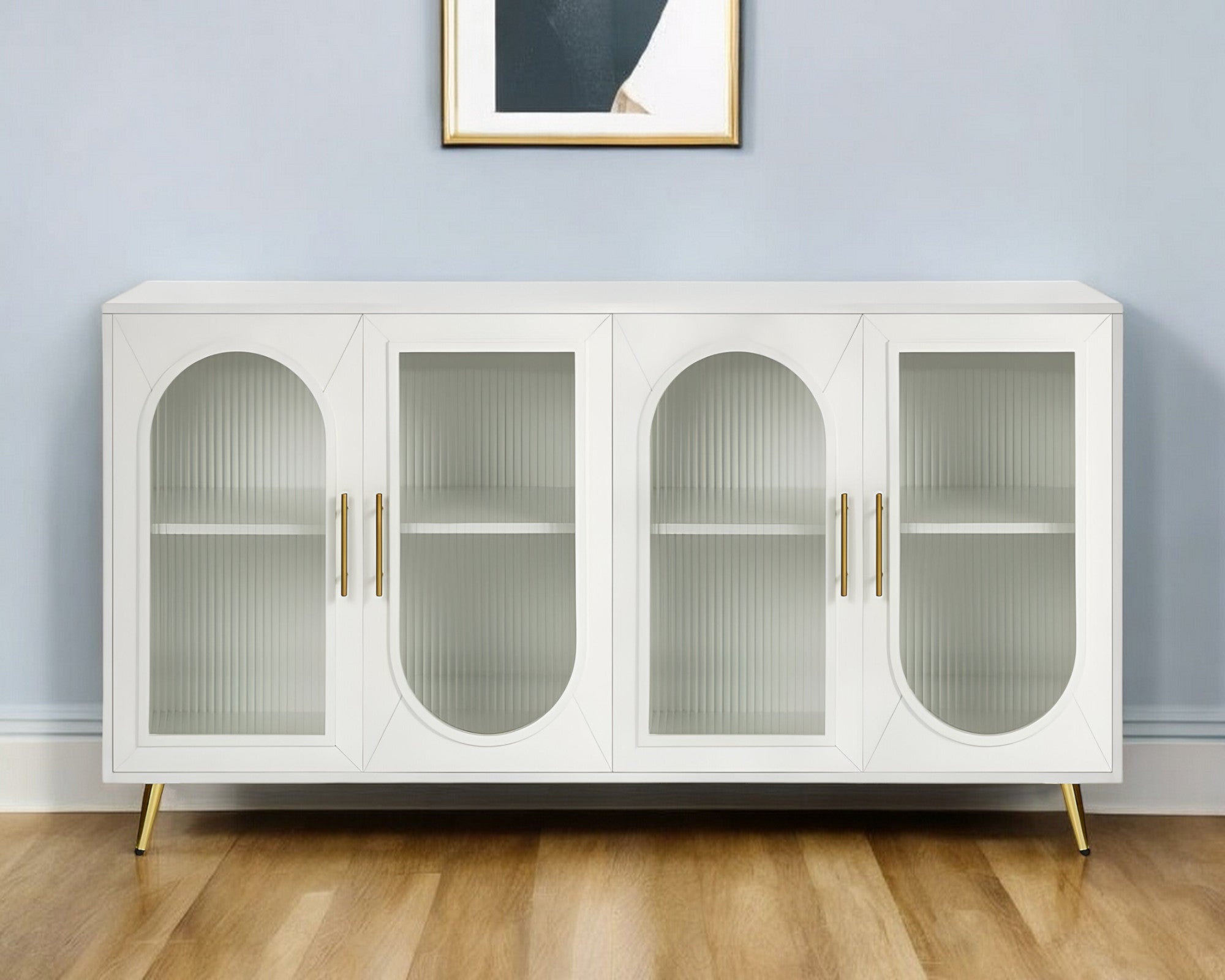 60" White Ribbed Texture Wood And Glass Sideboard with Four Doors - Kitchen & Dining