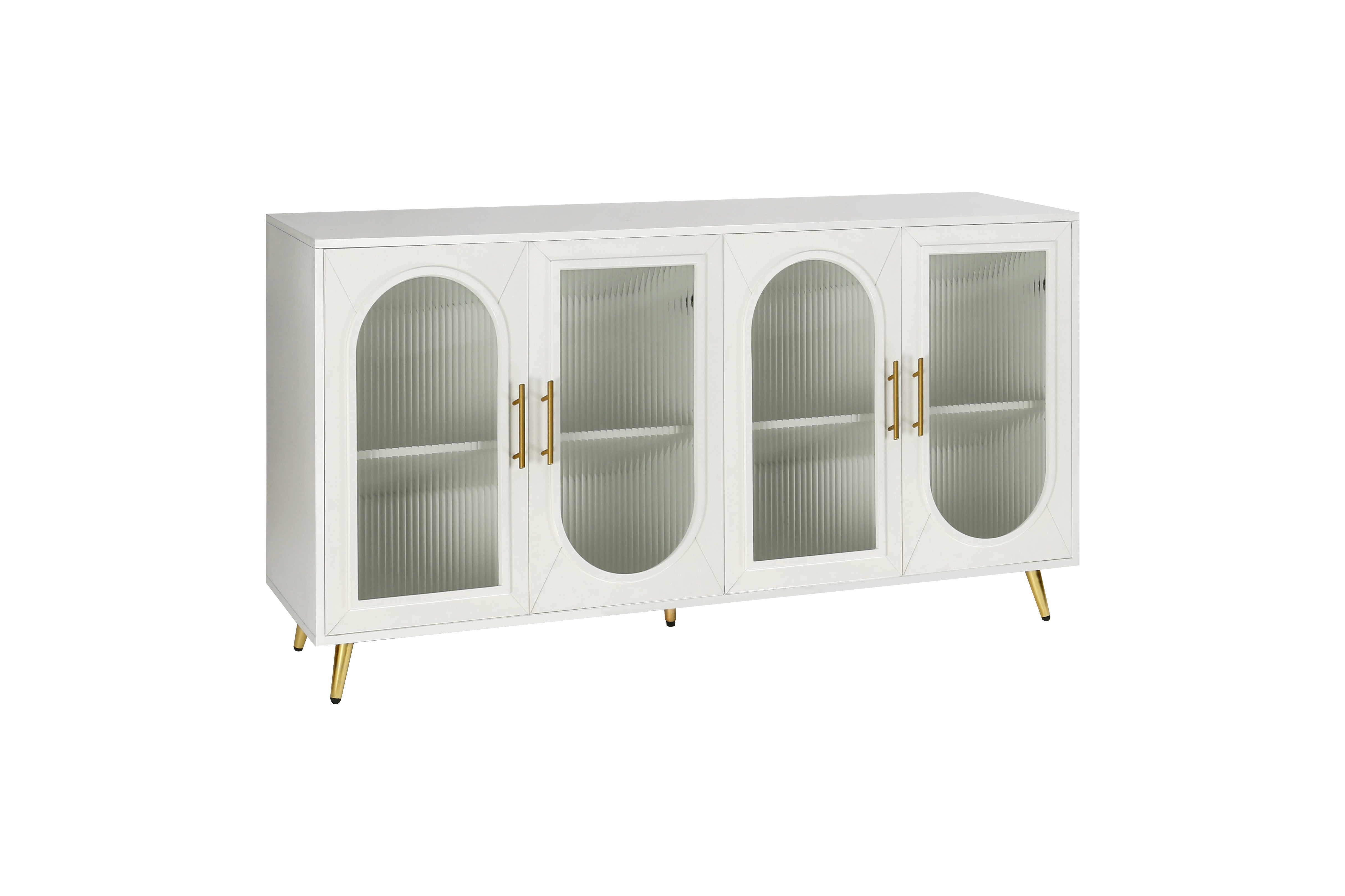 60" White Ribbed Texture Wood And Glass Sideboard with Four Doors - Kitchen & Dining