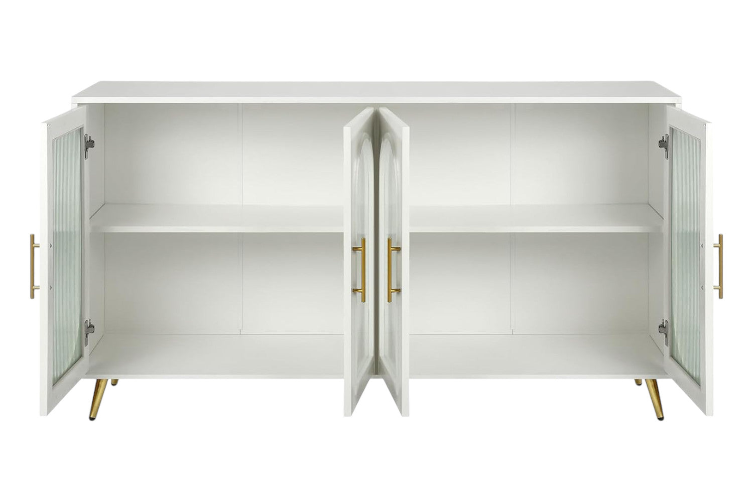 60" White Ribbed Texture Wood And Glass Sideboard with Four Doors - Kitchen & Dining