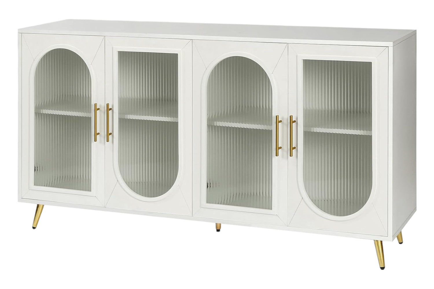60" White Ribbed Texture Wood And Glass Sideboard with Four Doors - Kitchen & Dining