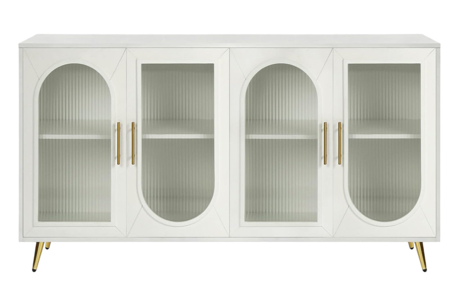 60" White Ribbed Texture Wood And Glass Sideboard with Four Doors - Kitchen & Dining