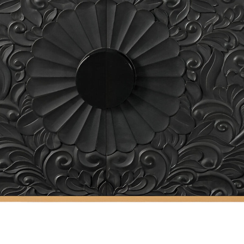 68" Natural and Black Distressed Carved Floral Sideboard with Four Doors - Kitchen & Dining