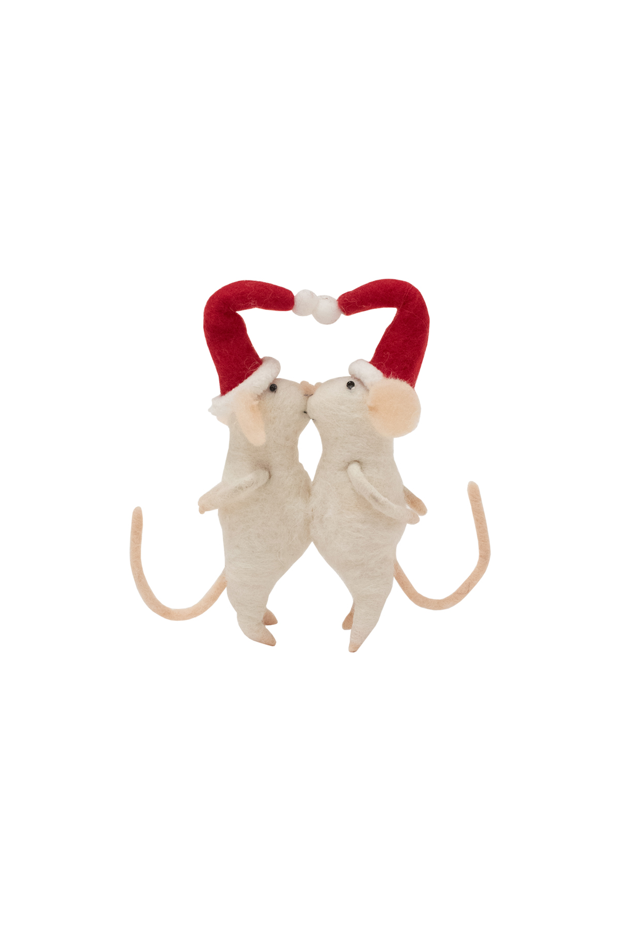 Kissing felt Christmas mice, front view, cream felt bodies, red wreath loop over heads