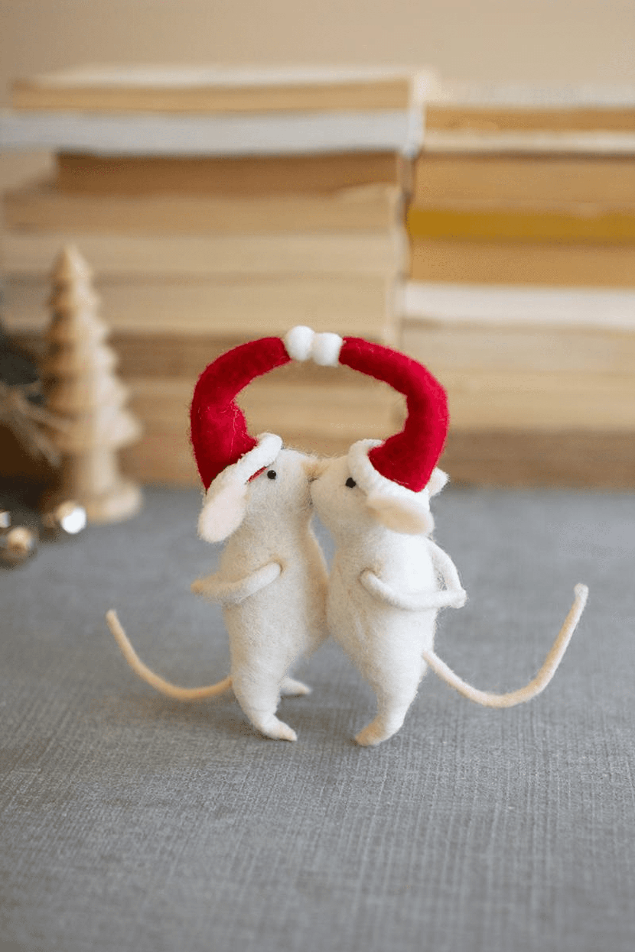 Kissing felt Christmas mice standing, red felt wreath loop, long cream tails