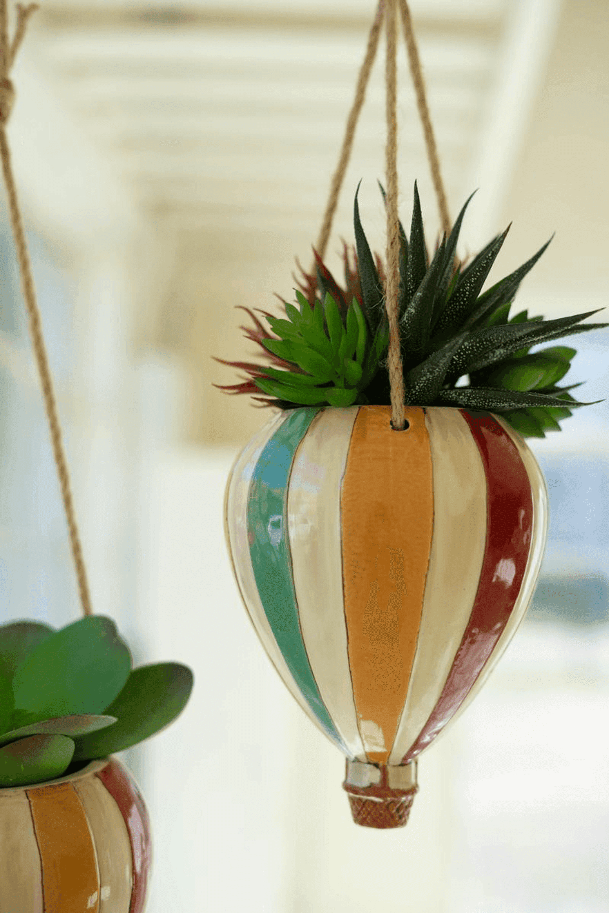 Ceramic hot air balloon hanging planter with green succulent and striped body