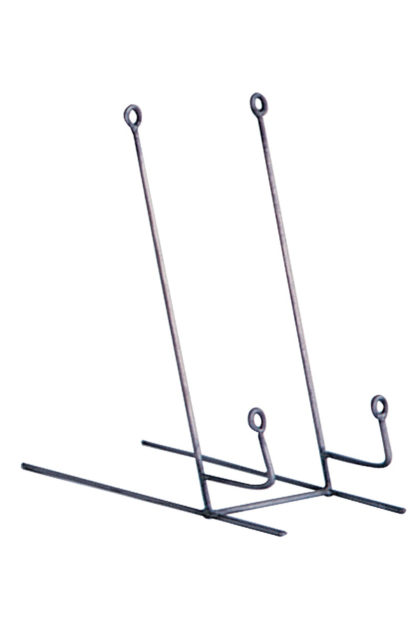 Gray wire plate stand easel with two uprights and curved holders