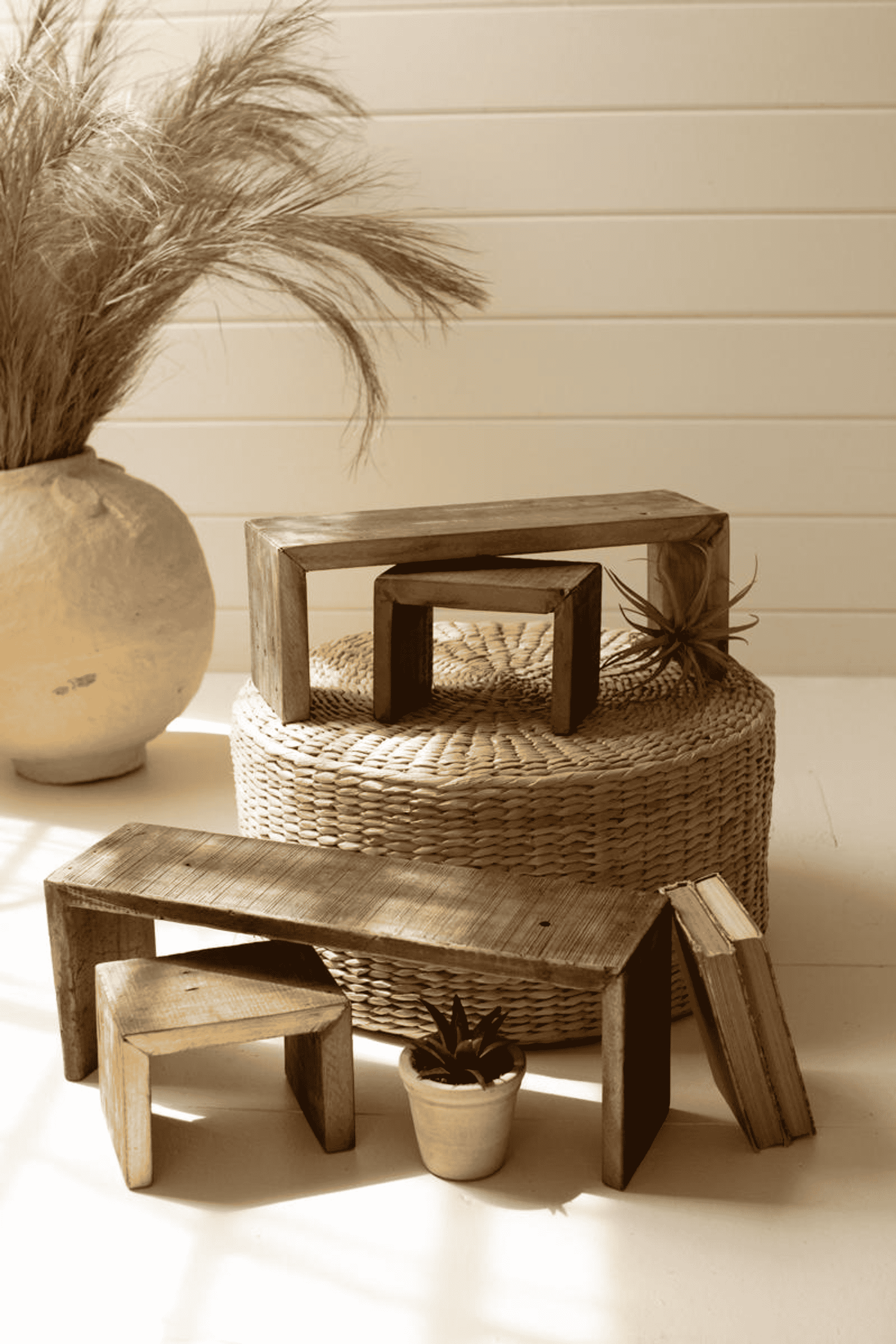 Brown recycled wood nesting rectangle risers set of four, stacked and interlocking