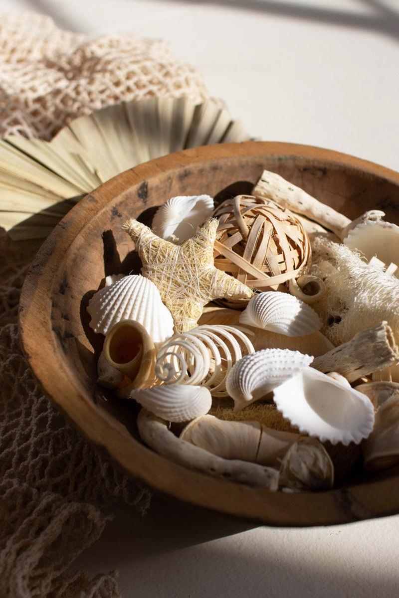Coastal filler shells and dried sea grass mixed together in a round wooden bowl
