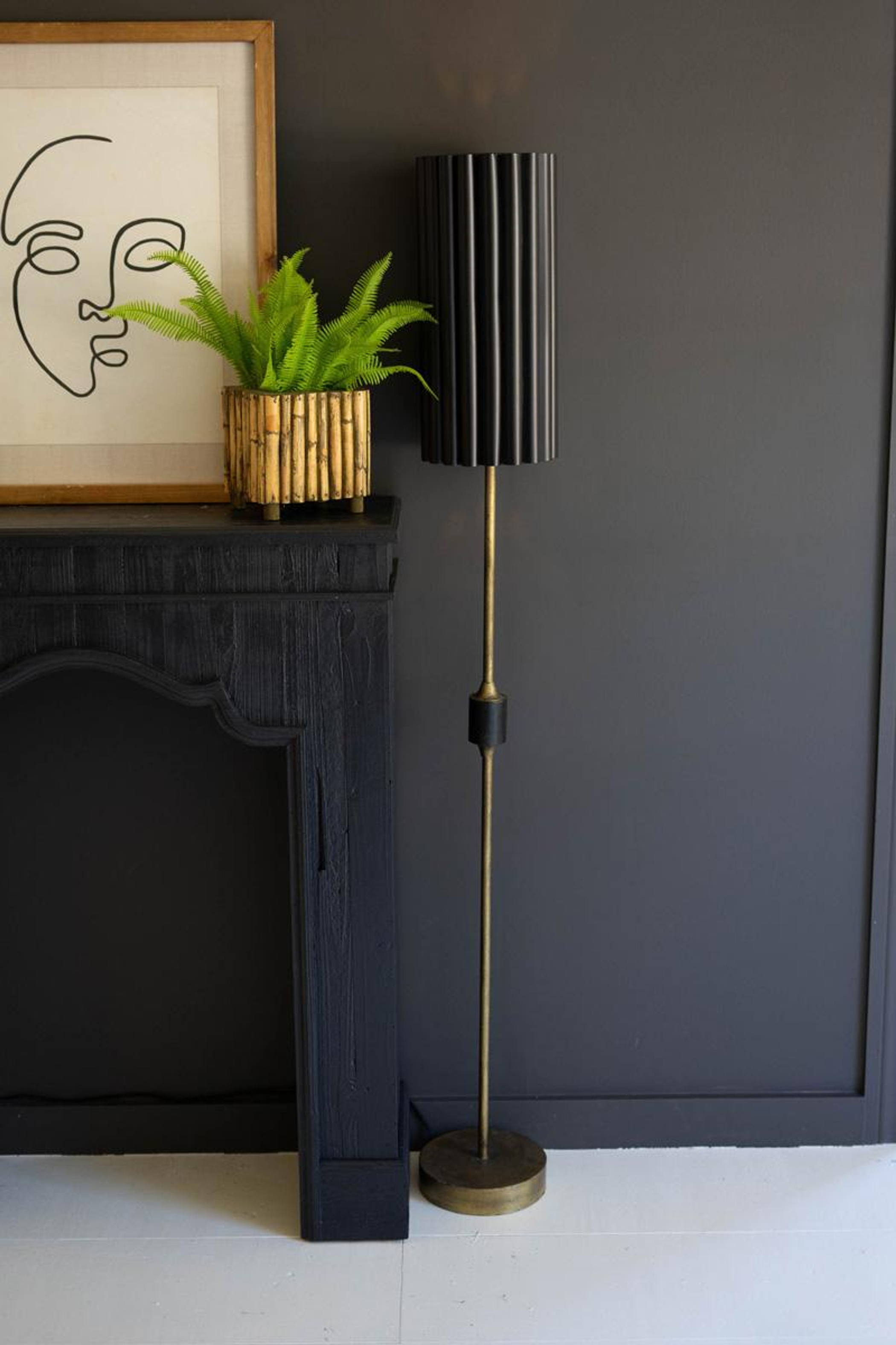 ANTIQUE GOLD FLOOR LAMP WITH FLUTED BLACK METAL SHADE - Gold / 1 - Home Decor