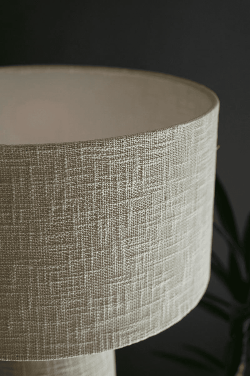 Textured boucle fabric lamp shade with rounded drum shape