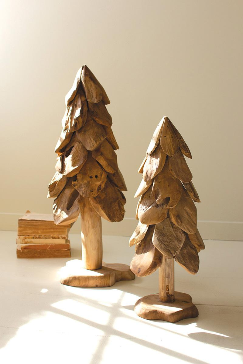 Rustic wooden Christmas tree decor set with two carved stacked trees on round bases