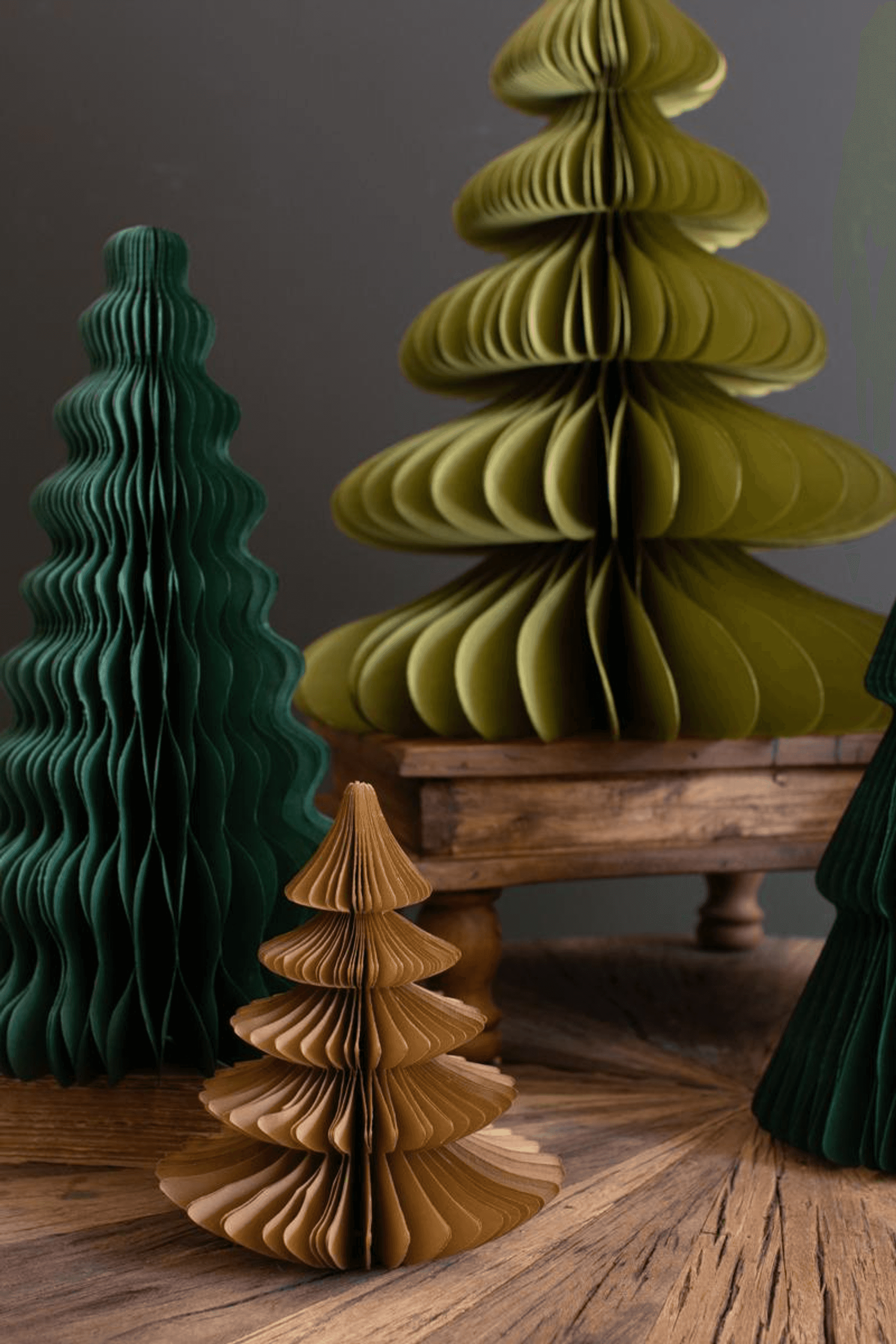 Set of paper accordion Christmas trees in dark green and light tan on wooden display