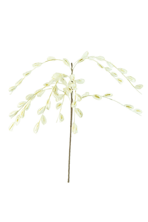 White decorative botanical branch with hanging leaf sprigs on a stem