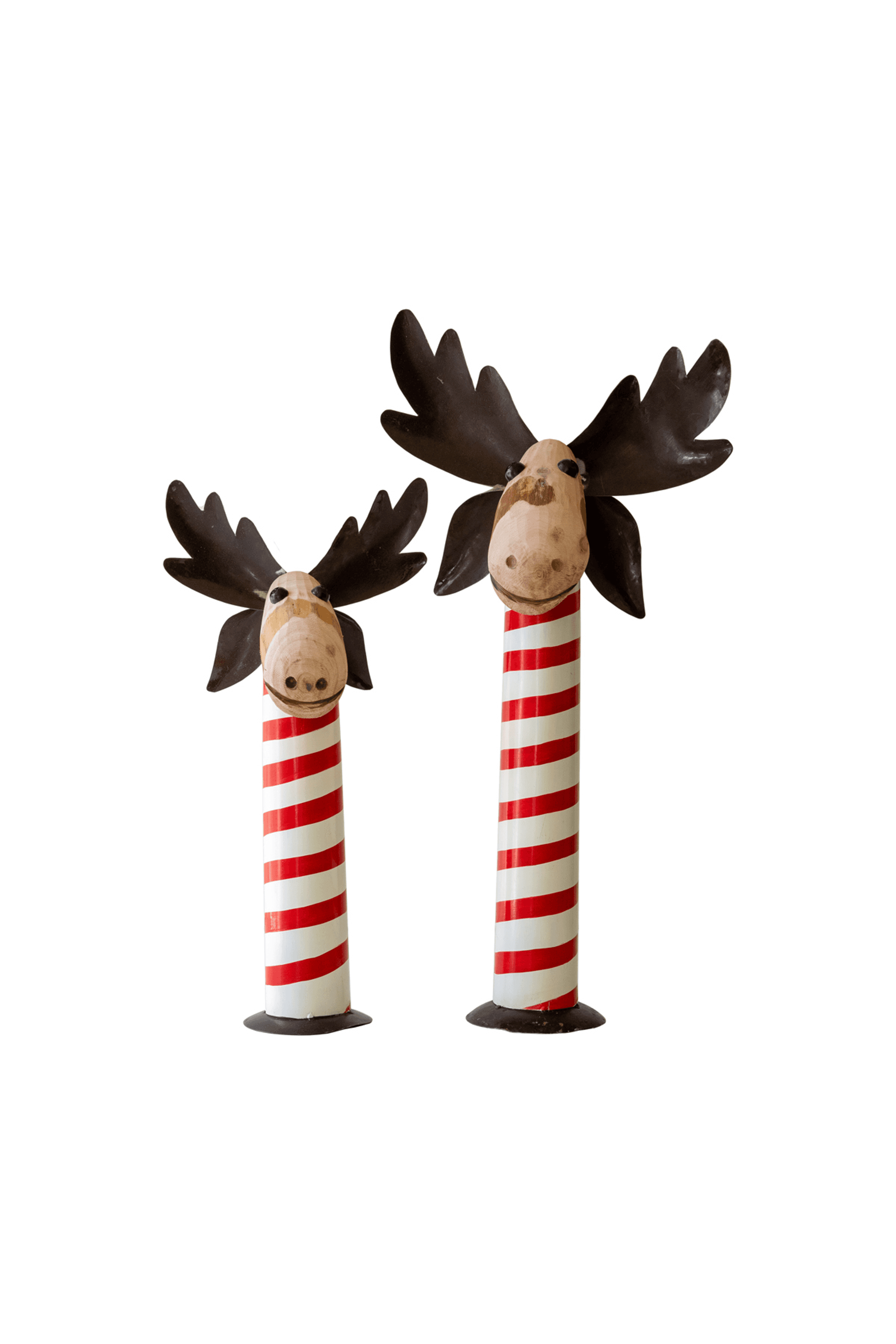 Set of 2 standing moose figures with dark iron antlers and red-and-white painted wood bases