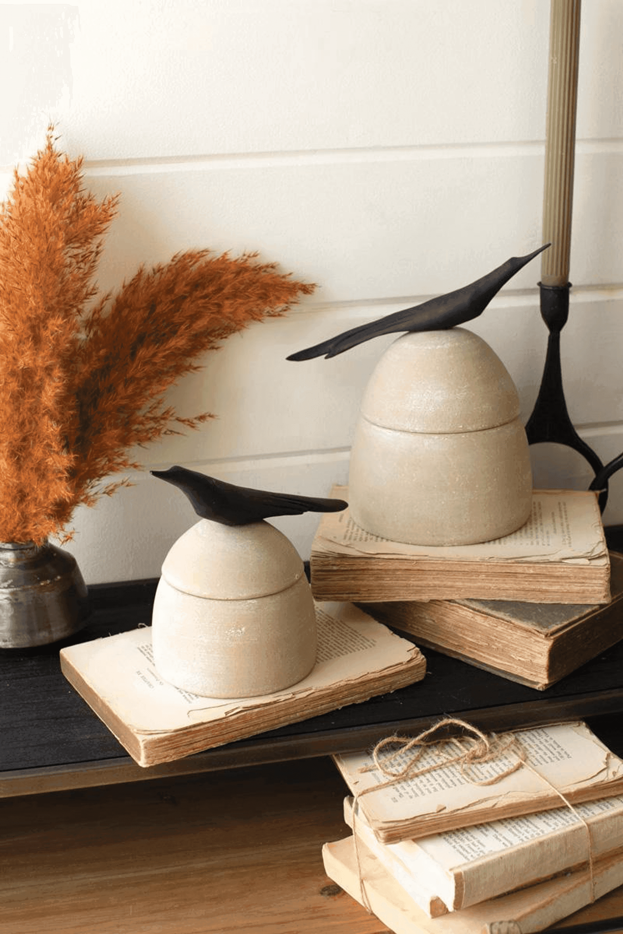 Set of two tan clay canisters with black bird-shaped wooden handles
