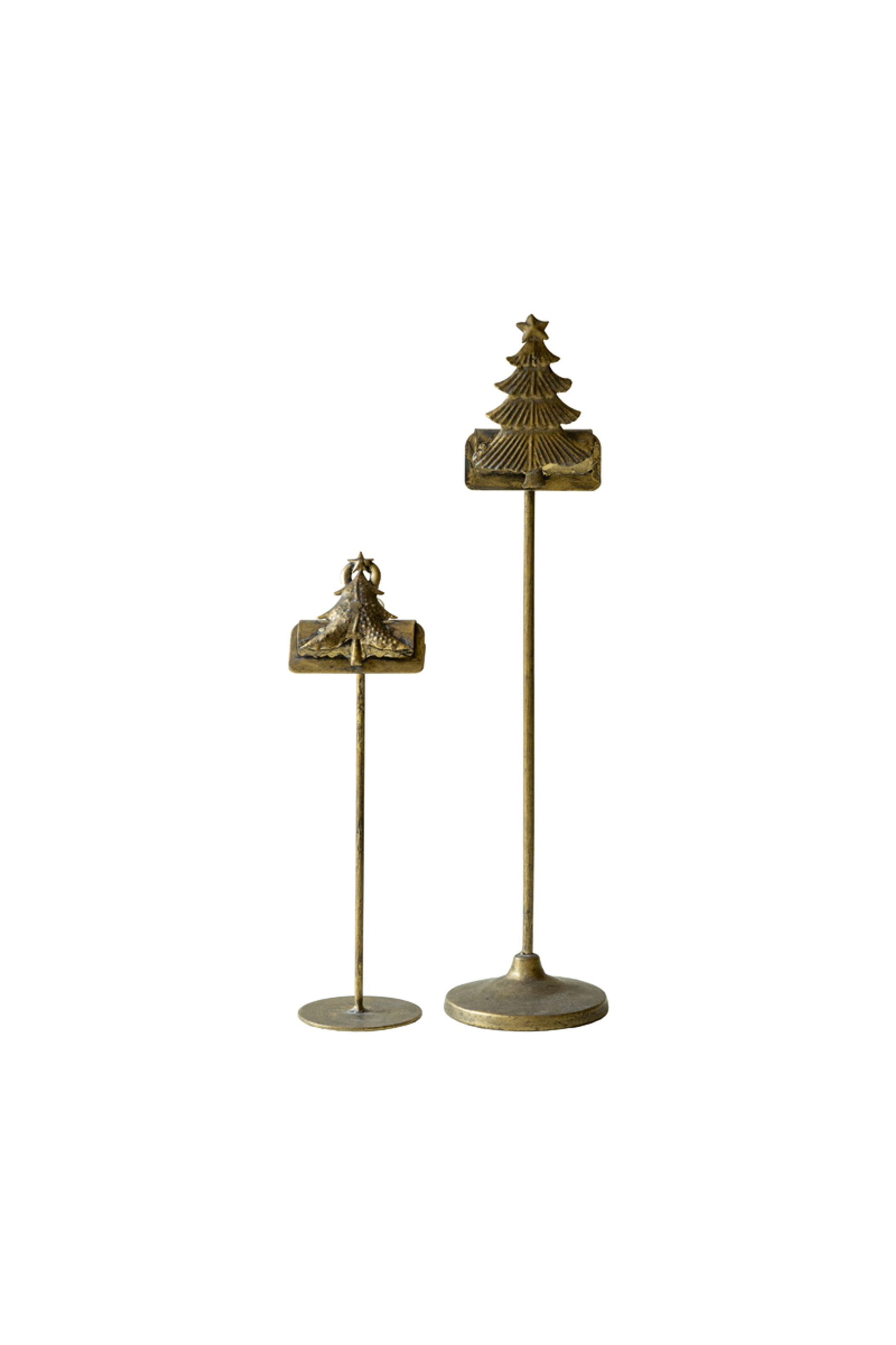 Set of two gold Christmas tree card clips on round bases