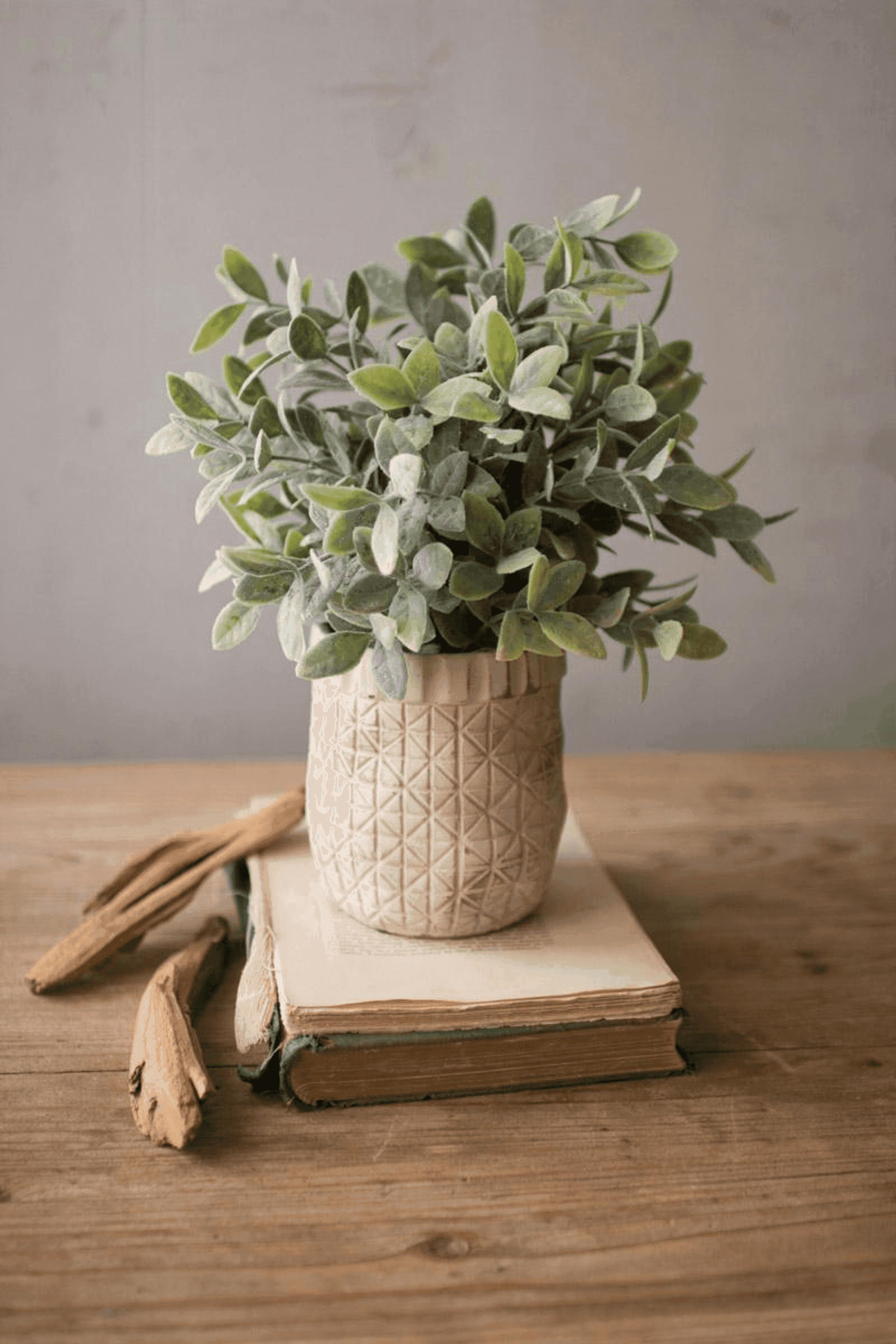 Artificial sage plant in rustic white criss-cross textured pot