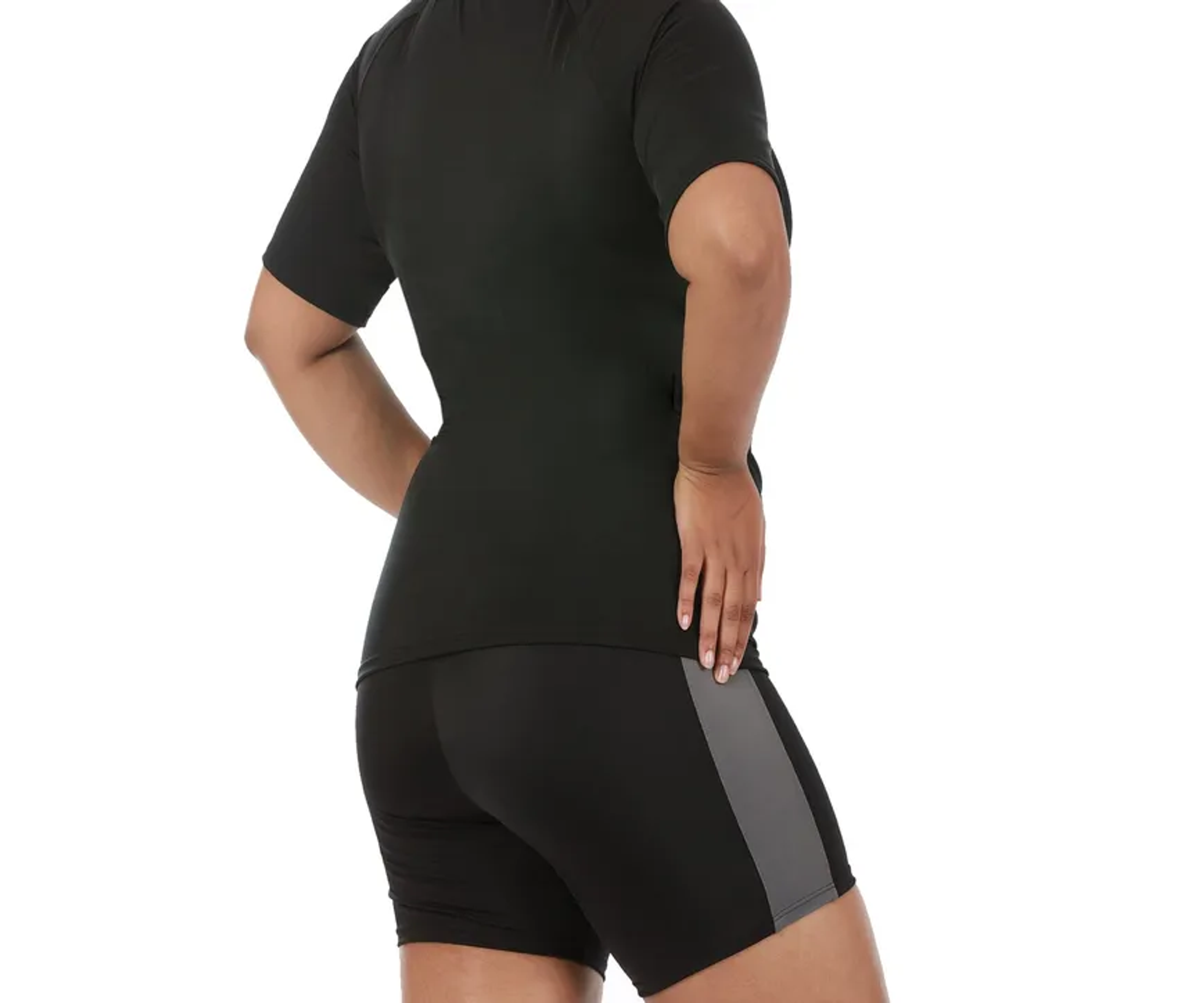 Black compression shorts with white side panel detailing, back view