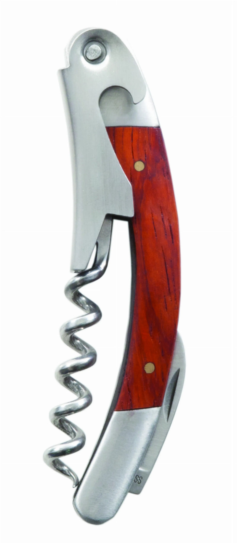 Silver waiter’s corkscrew with hinged wooden handle and spiral opener