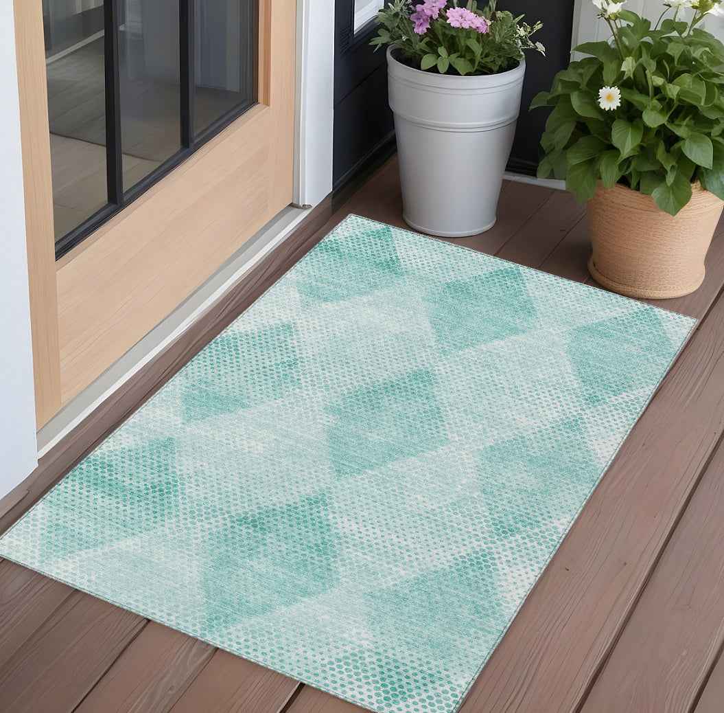 2' X 3' Teal Geometric Washable Non Skid Indoor Outdoor Area Rug