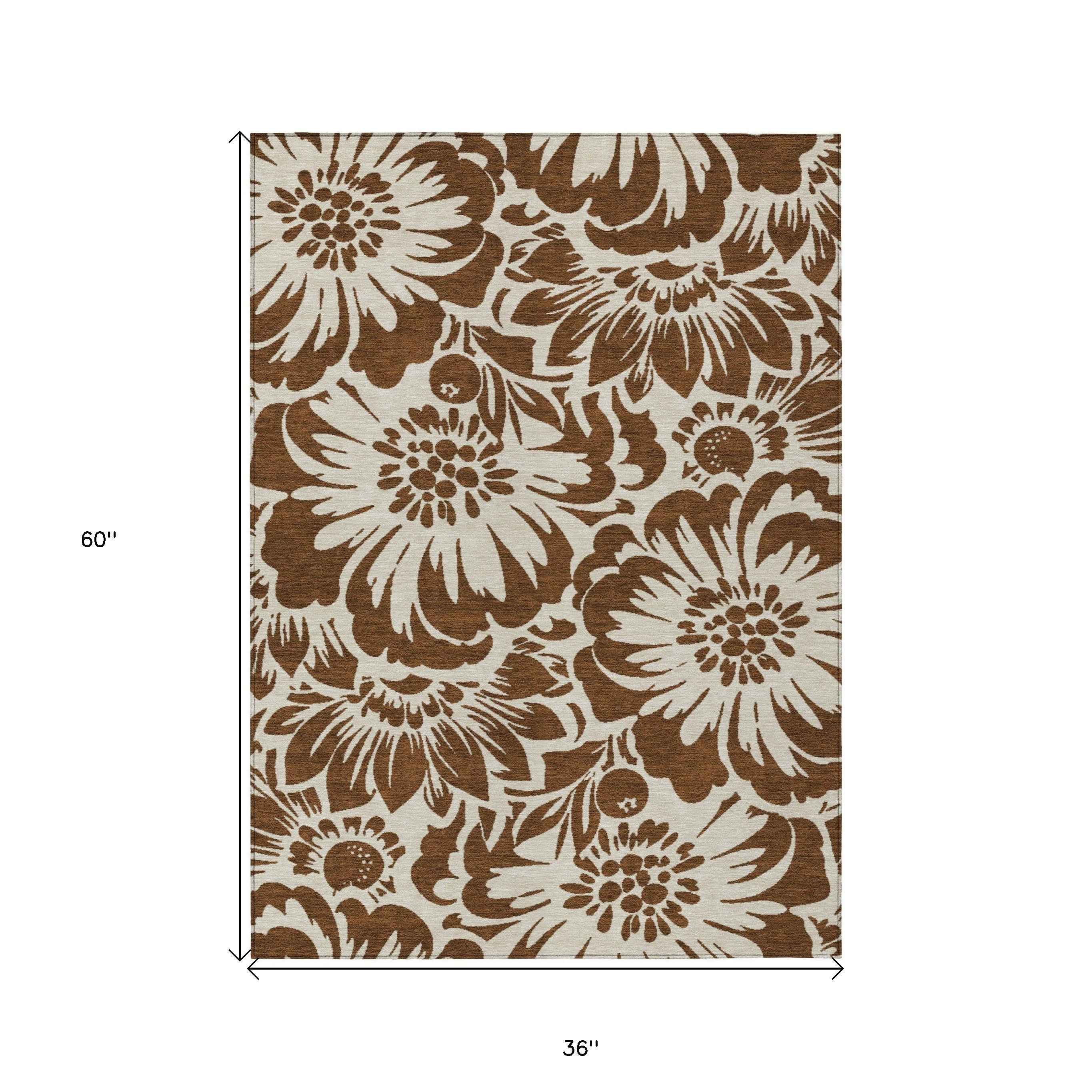 3' X 5' Brown And Ivory Floral Washable Indoor Outdoor Area Rug
