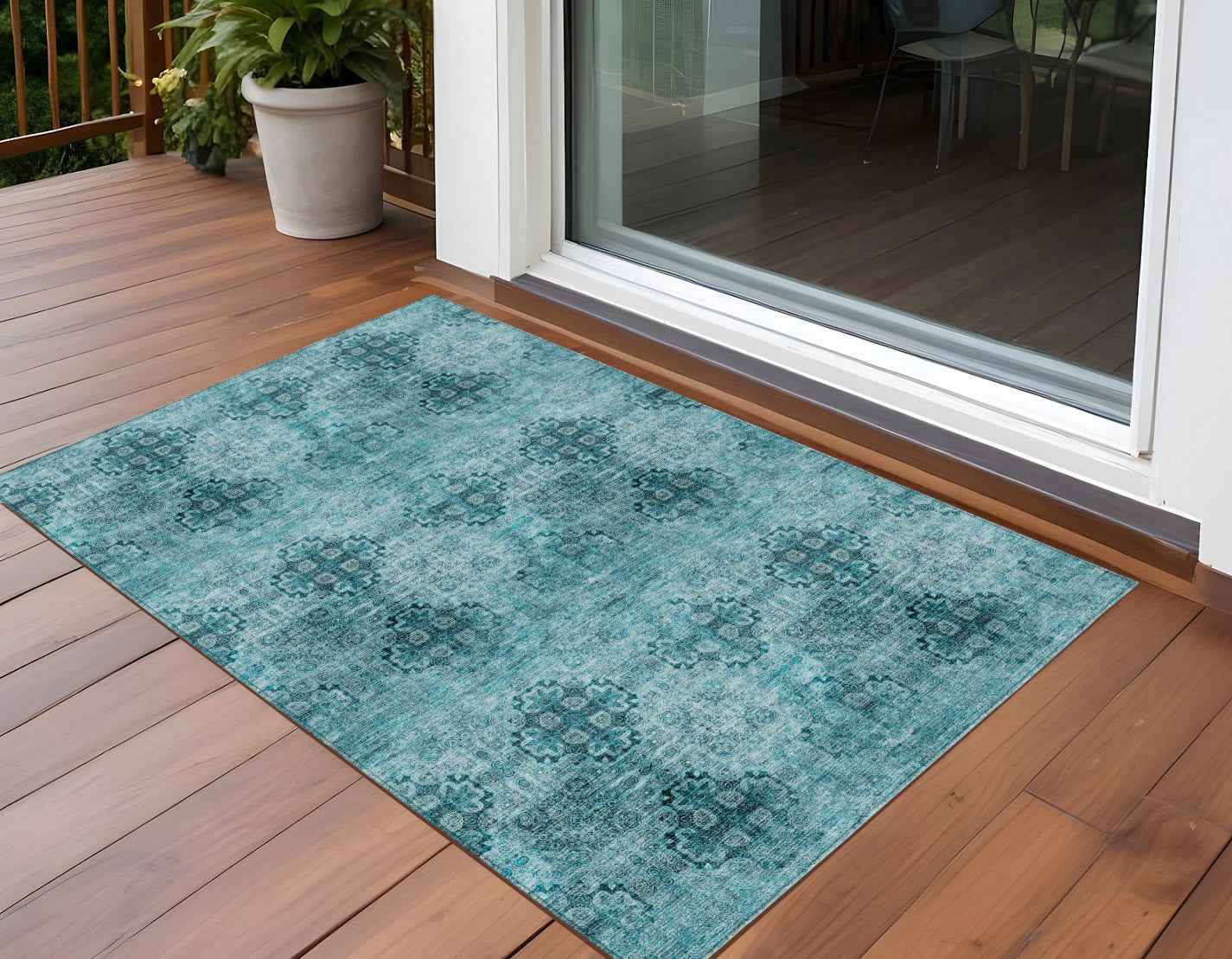 2' X 3' Teal Floral Medallion Washable Non Skid Indoor Outdoor Area Rug