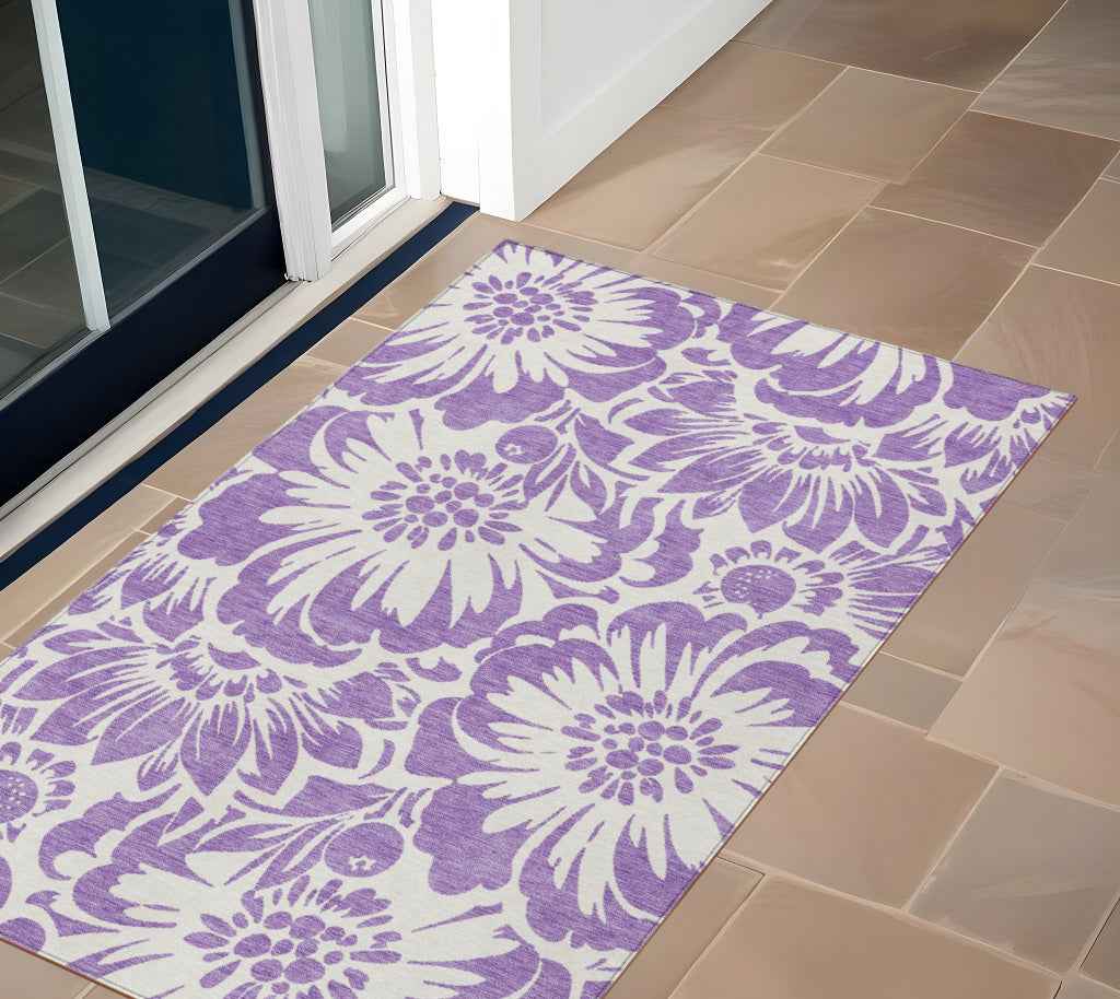 3' X 5' Purple and Ivory Floral Washable Non Skid Indoor Outdoor Area Rug